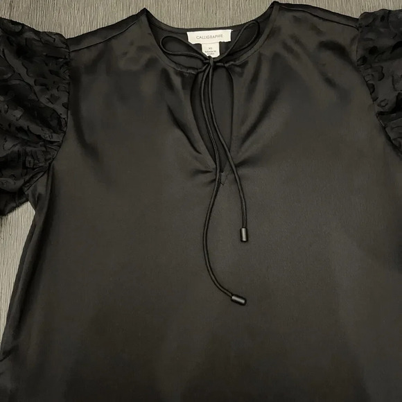 Calligraphie‎ Black Tie Front Tunic Balloon Burnout Velvet Sheer Sleeve Size XS - Picture 10 of 12